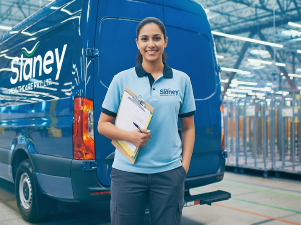 A Slaney Healthcare logistics executive standing confidently in front of a branded delivery van inside a medical warehouse, representing reliable nationwide healthcare supply and professional service.